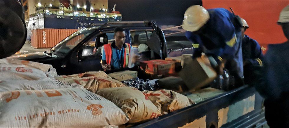 The seafarers on Odfjell's chemical tanker SC Scorpio donate provisions for the locals in Mozambique after the area was hit by a cyclone. 