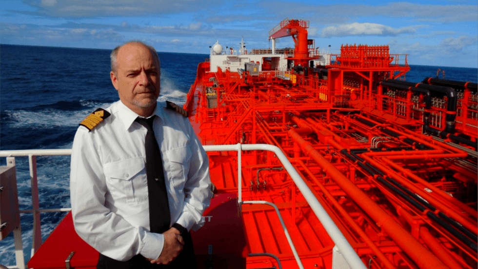 Captain Hevrøy on the bridge of Odfjell's chemical tanker Bow Excellence underway to South Carolina