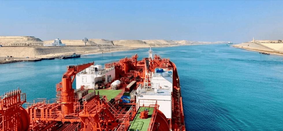 View from the bridge of an Odfjell chemical tanker underway through the Suez Canal. Photo by Camilla Vambeseth. 