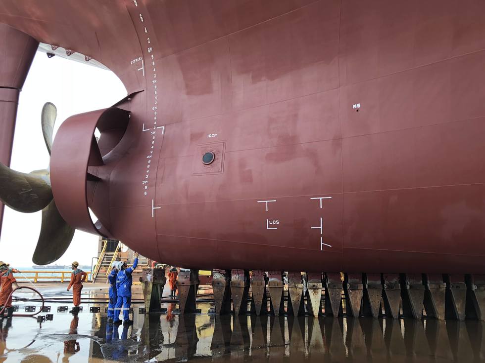 Odfjell chemical tanker in drydock. Photo: Odfjell