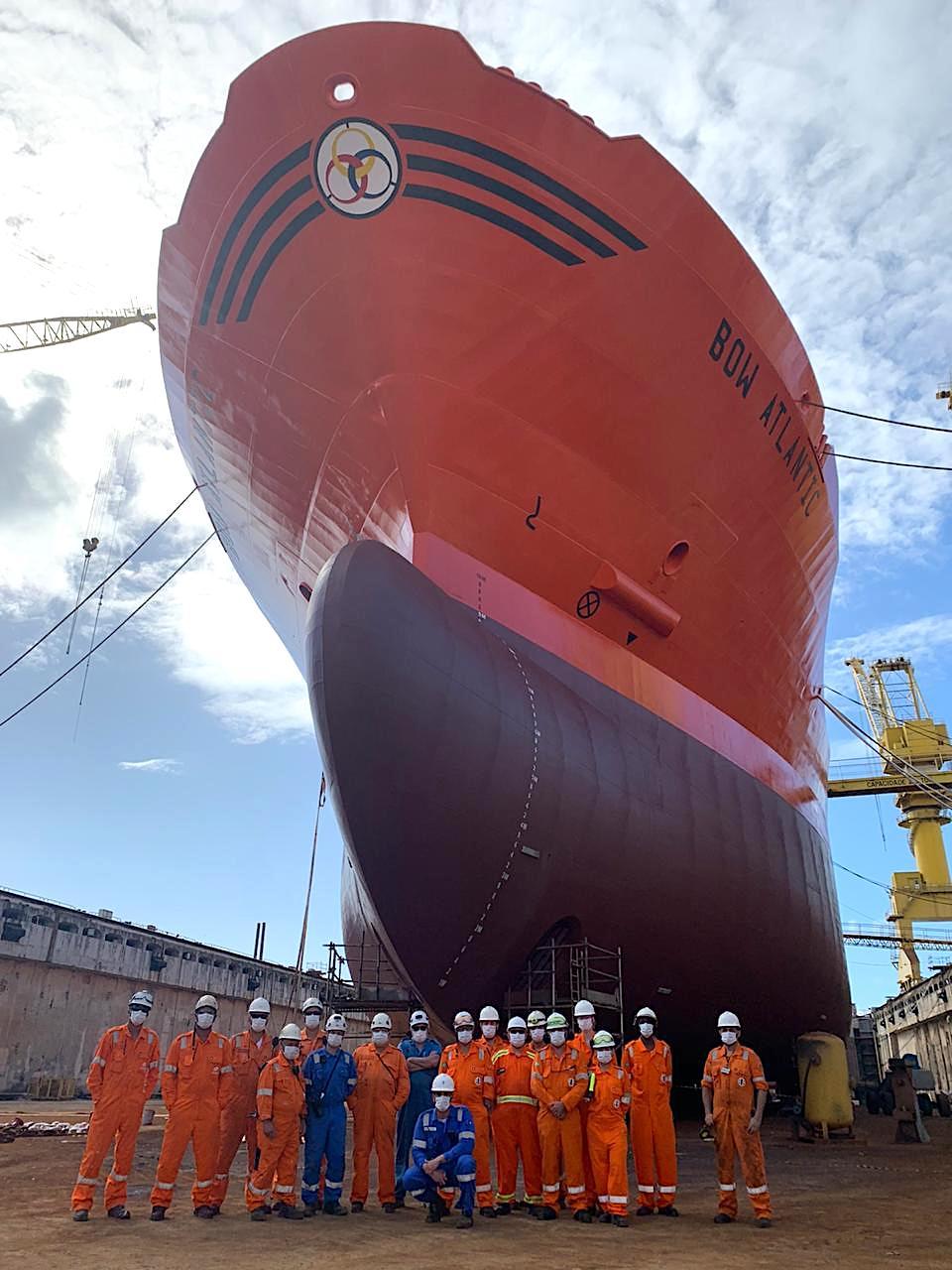 Flumar crew in front of chemical tanker Bow Atlantic | Odfjell